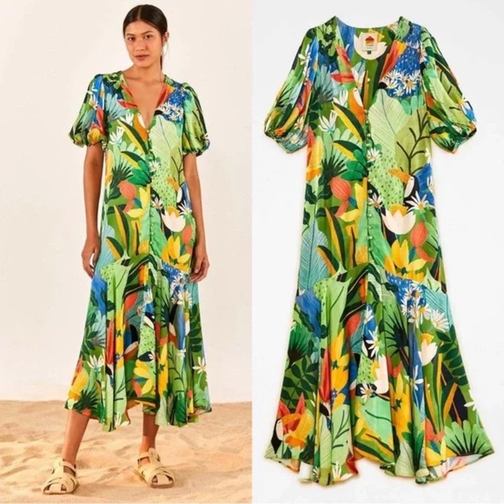FARM Rio Green High Low Sundress with Puff Sleeves